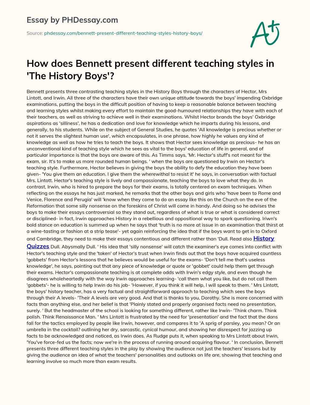 How does Bennett present different teaching styles in ‘The History Boys’? essay
