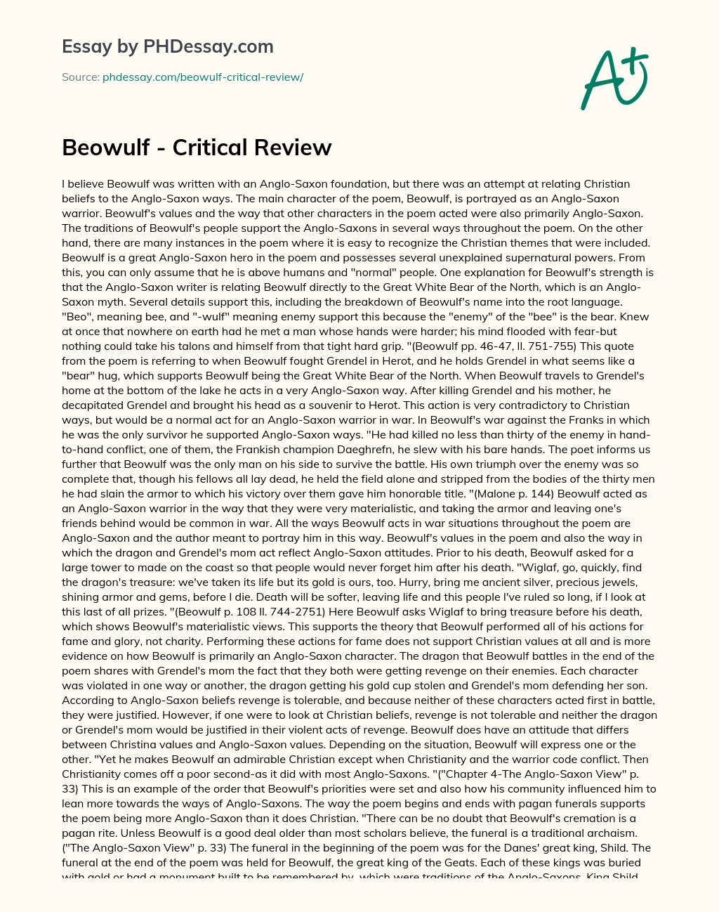 Реферат: Beowulf Analysis Essay Research Paper Beowulf is