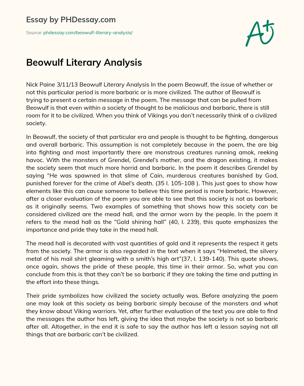 Beowulf Literary Analysis essay