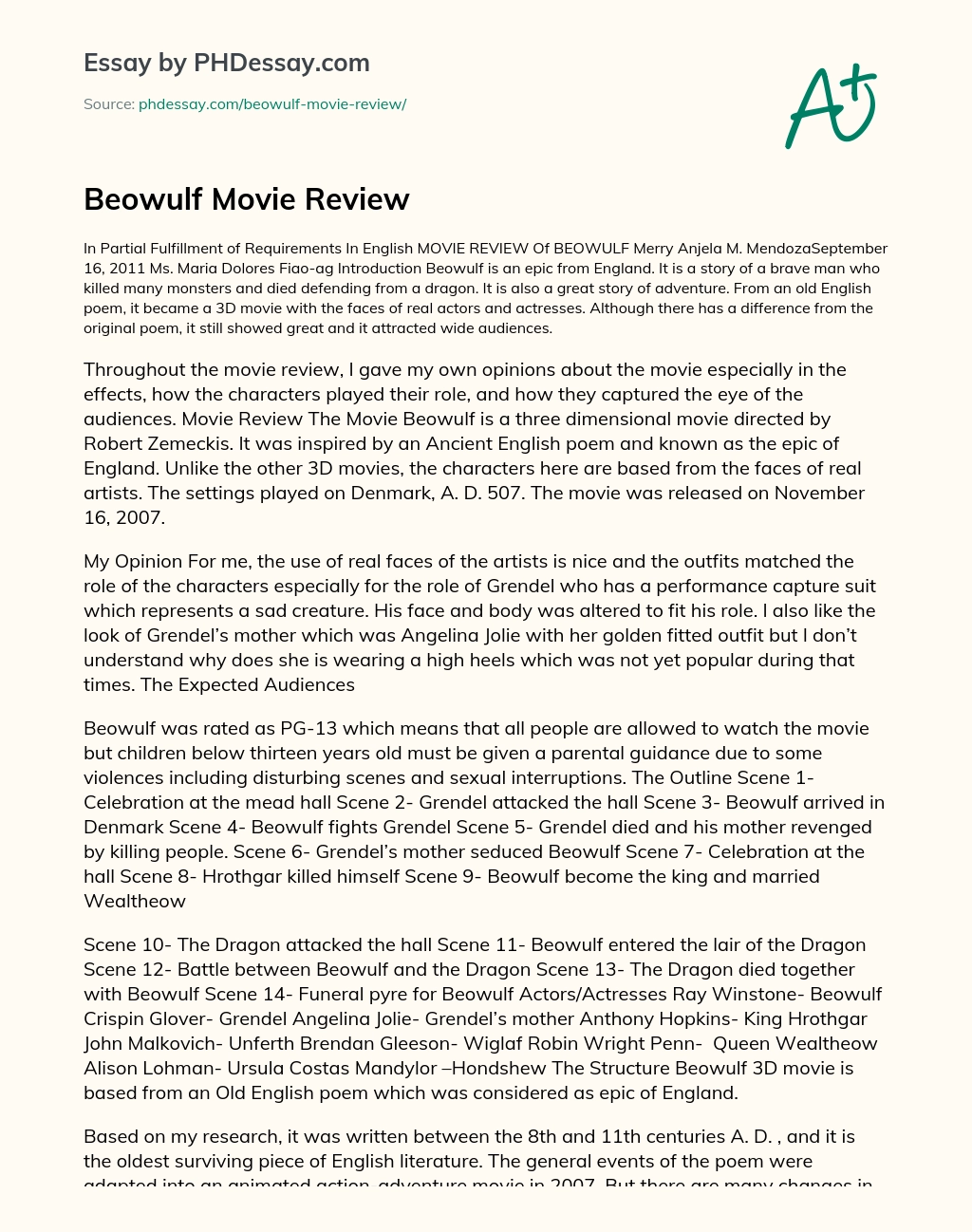 Beowulf Movie Review essay