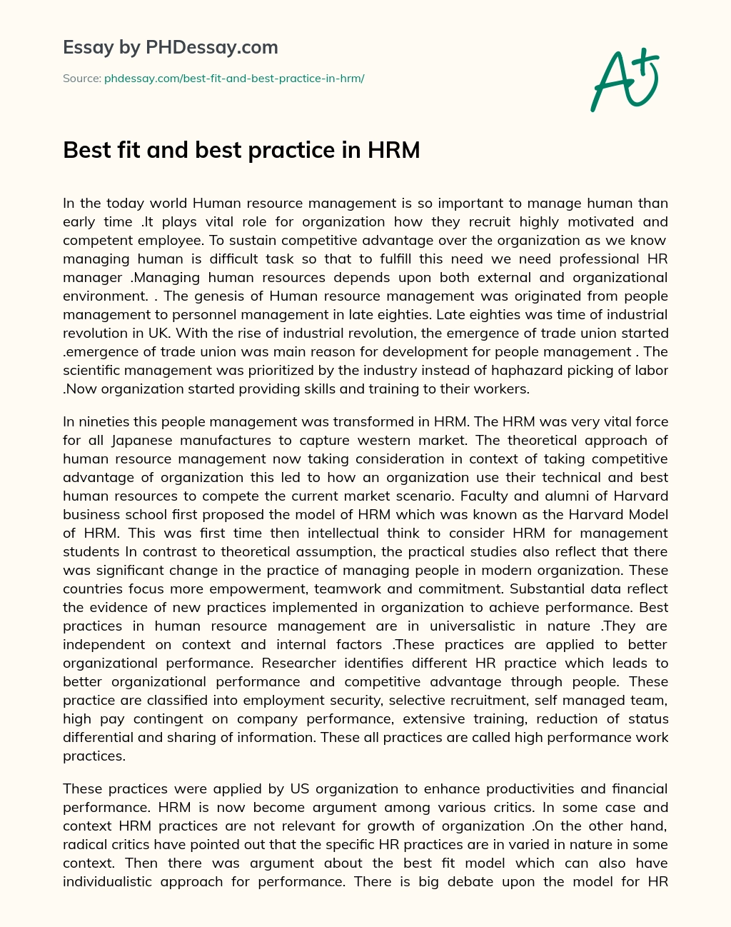 Best fit and best practice in HRM essay
