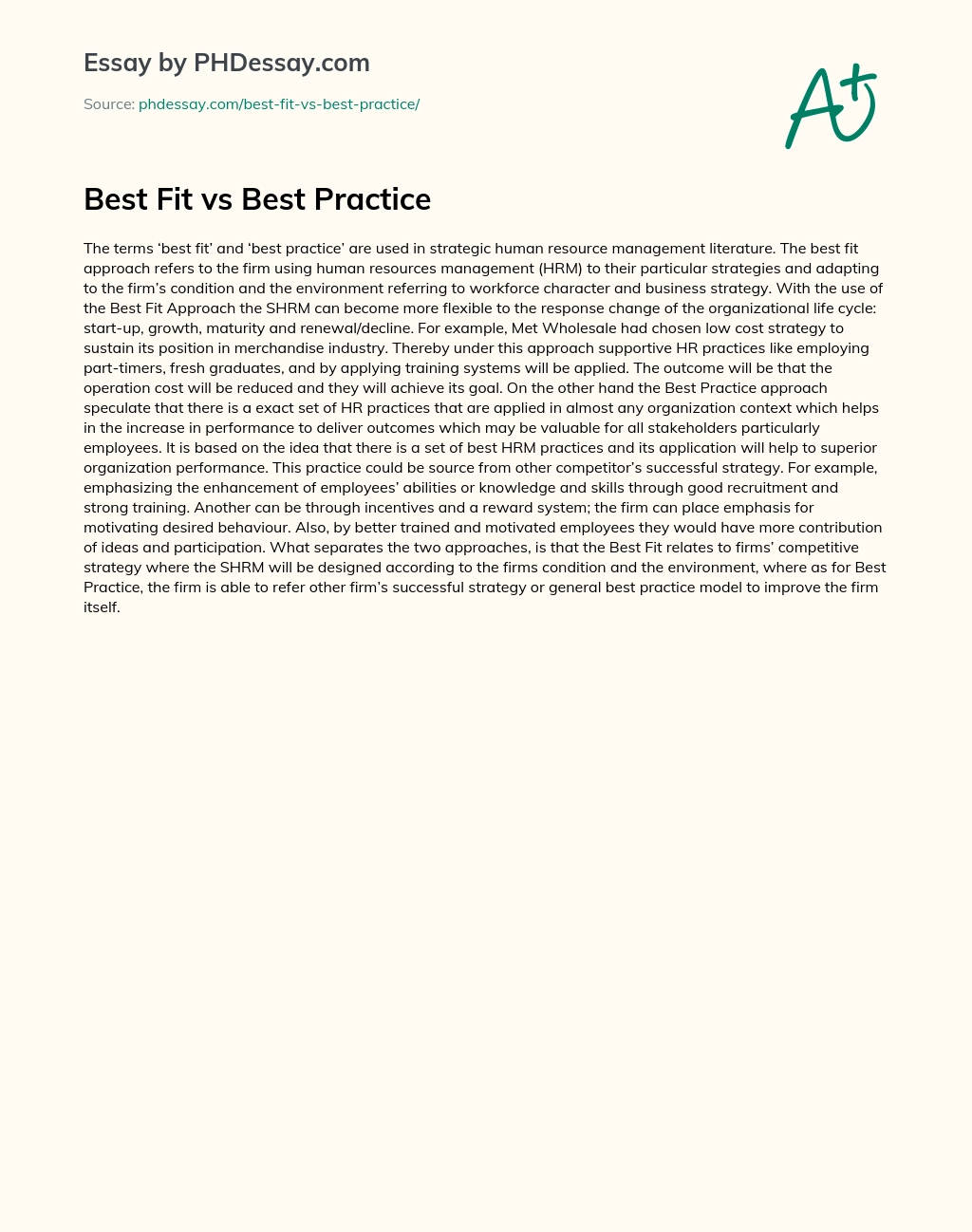 Best Fit vs Best Practice essay