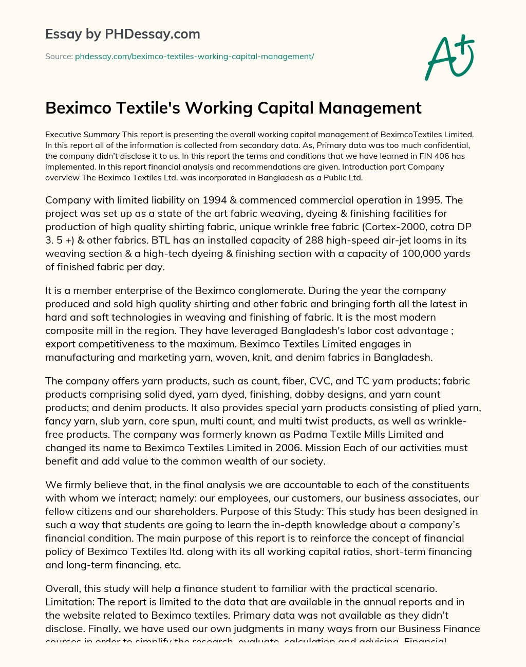 Beximco Textile’s Working Capital Management essay