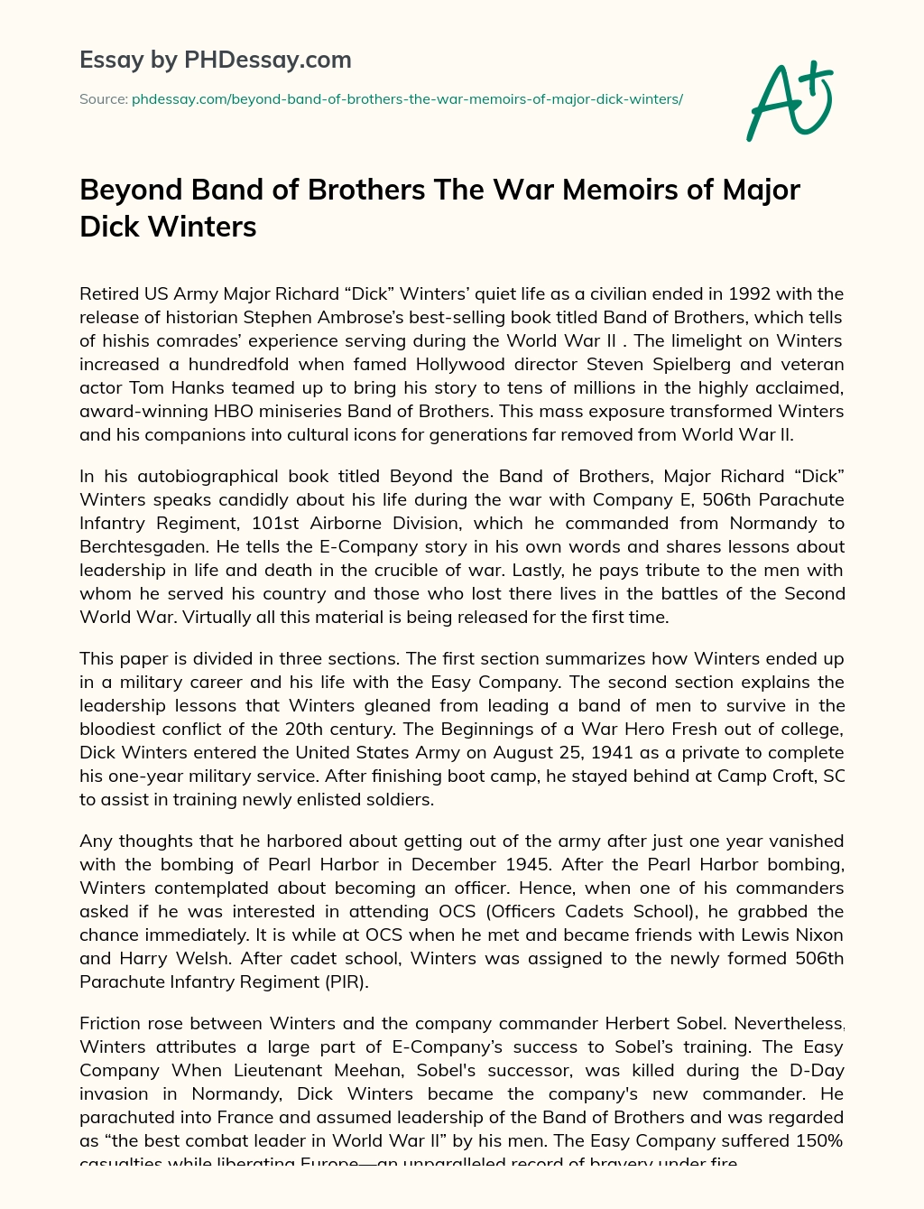 Beyond Band of Brothers The War Memoirs of Major Dick Winters essay