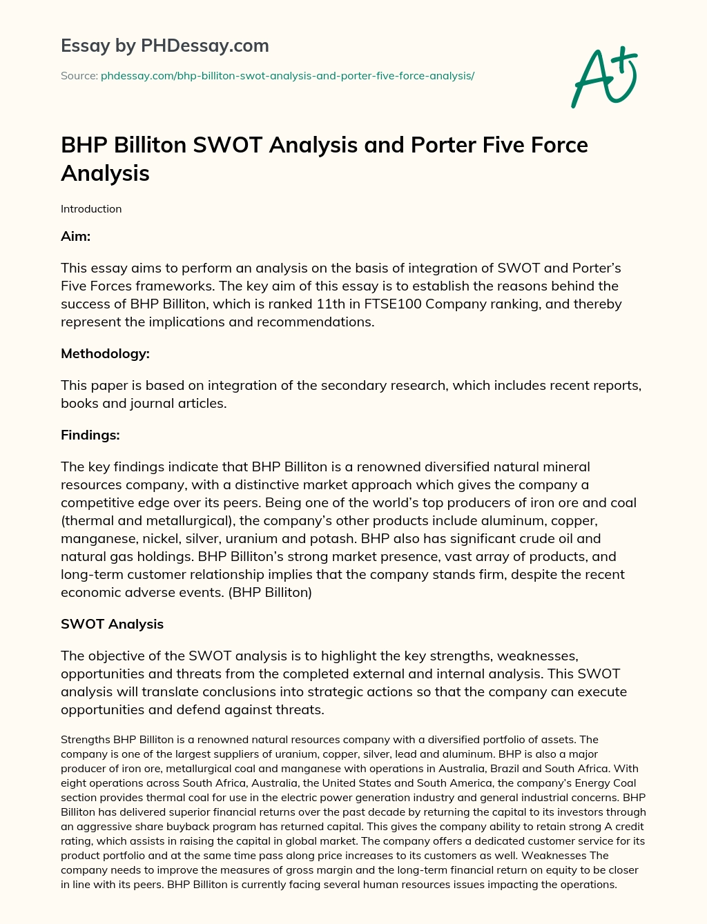 BHP Billiton SWOT Analysis and Porter Five Force Analysis essay