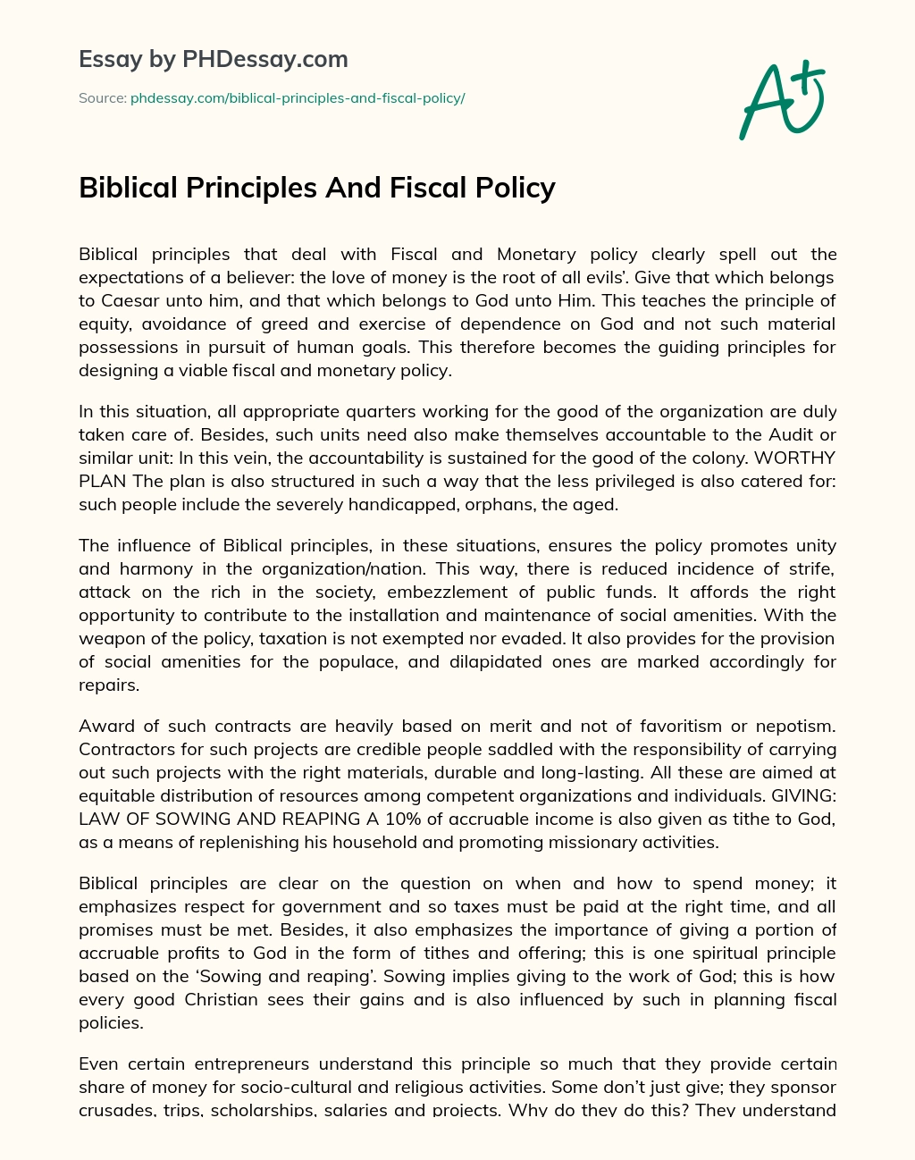 Biblical Principles And Fiscal Policy essay