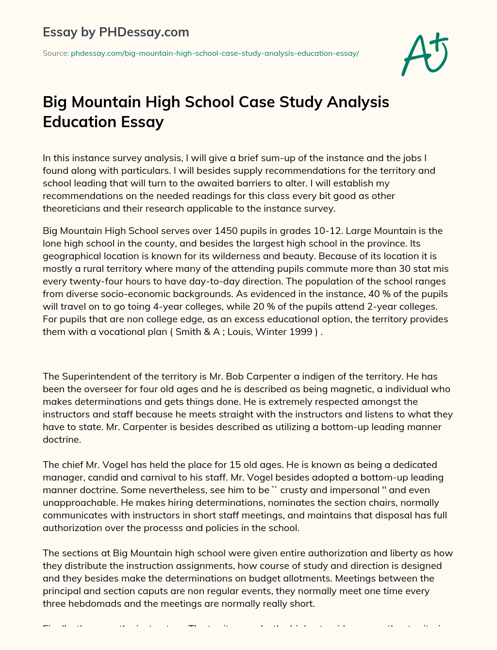 Big Mountain High School Case Study Analysis Education Essay essay