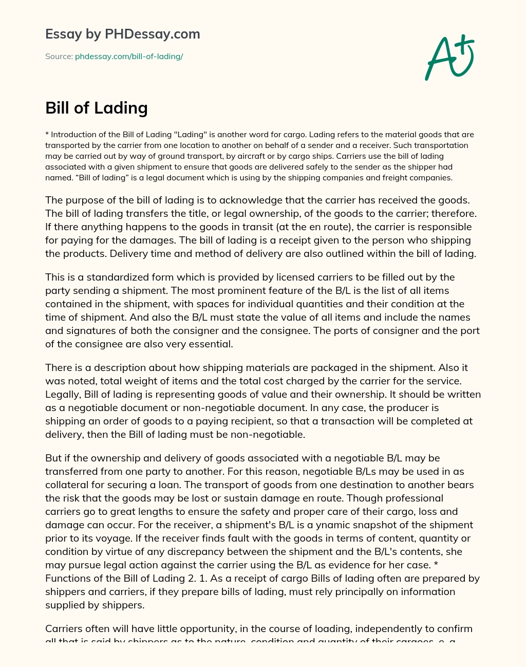 Bill of Lading essay