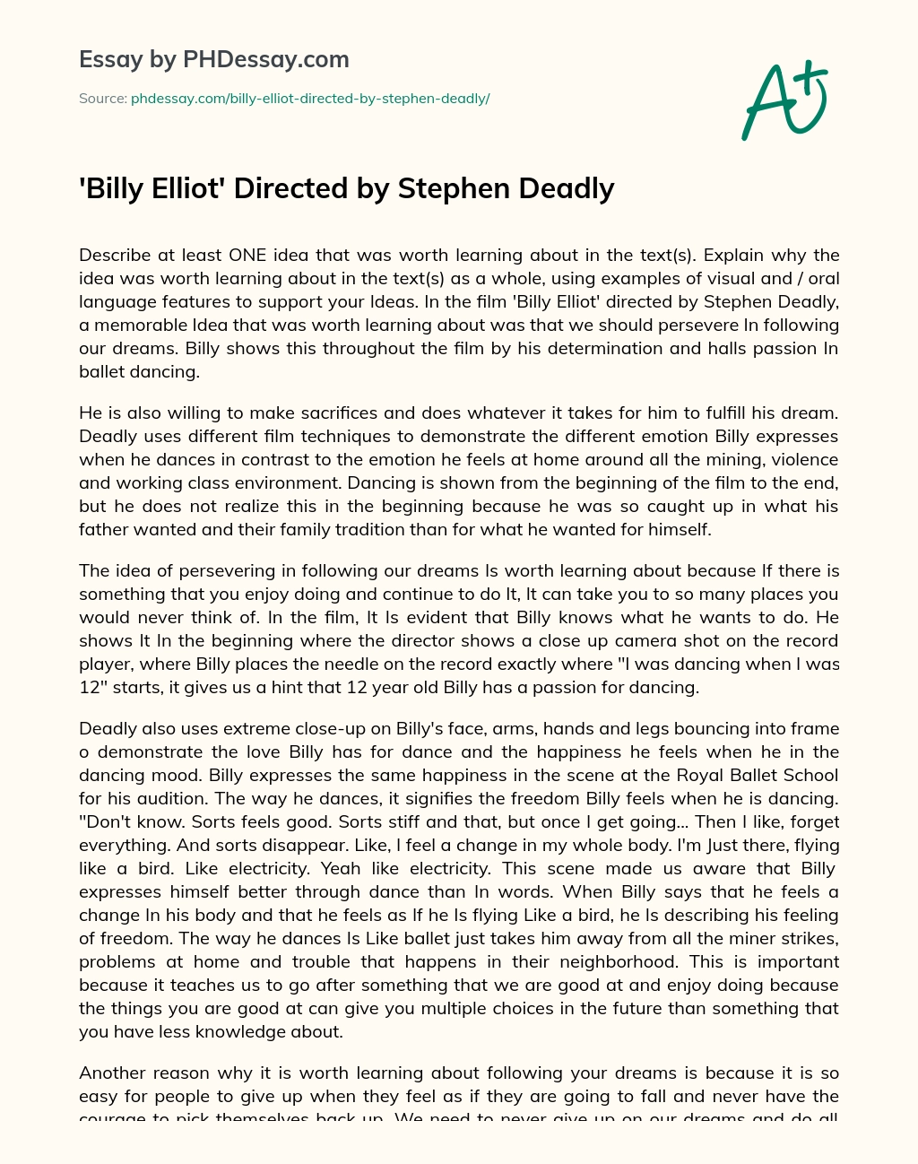 Billy Elliot Directed by Stephen Deadly essay