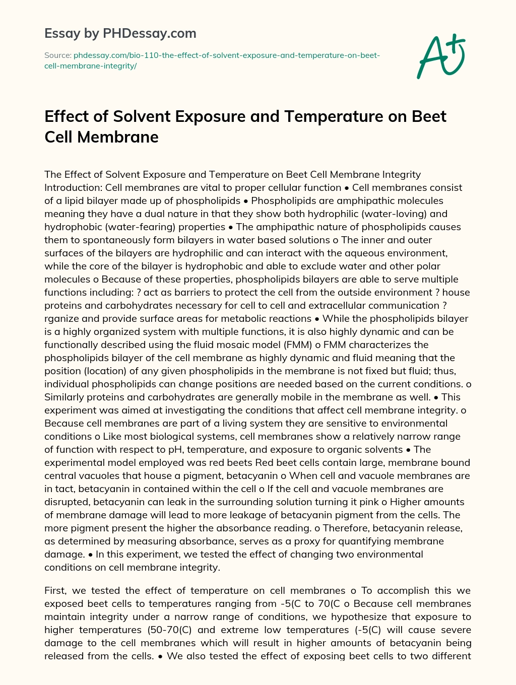 Effect of Solvent Exposure and Temperature on Beet Cell Membrane essay