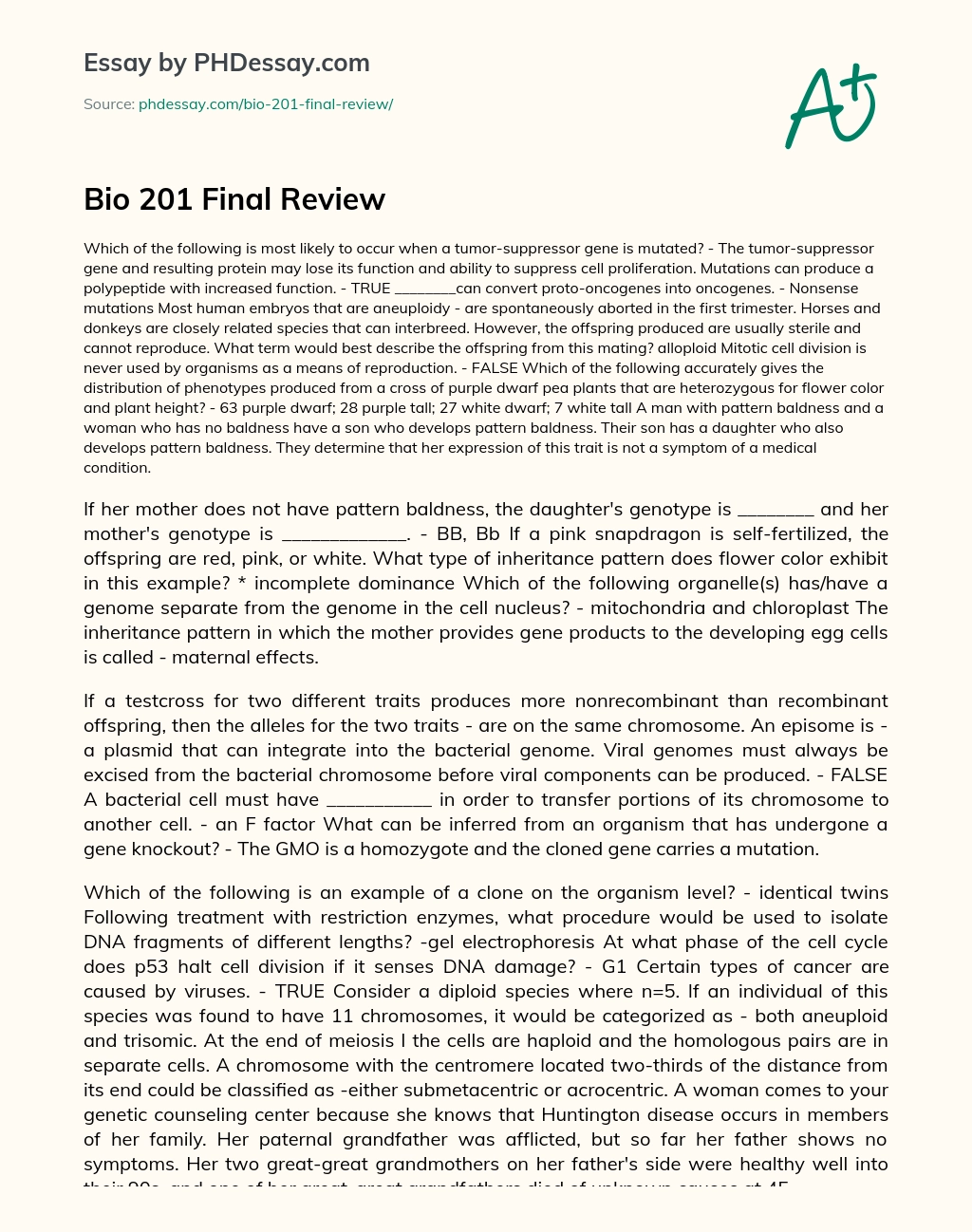 Bio 201 Final Review essay