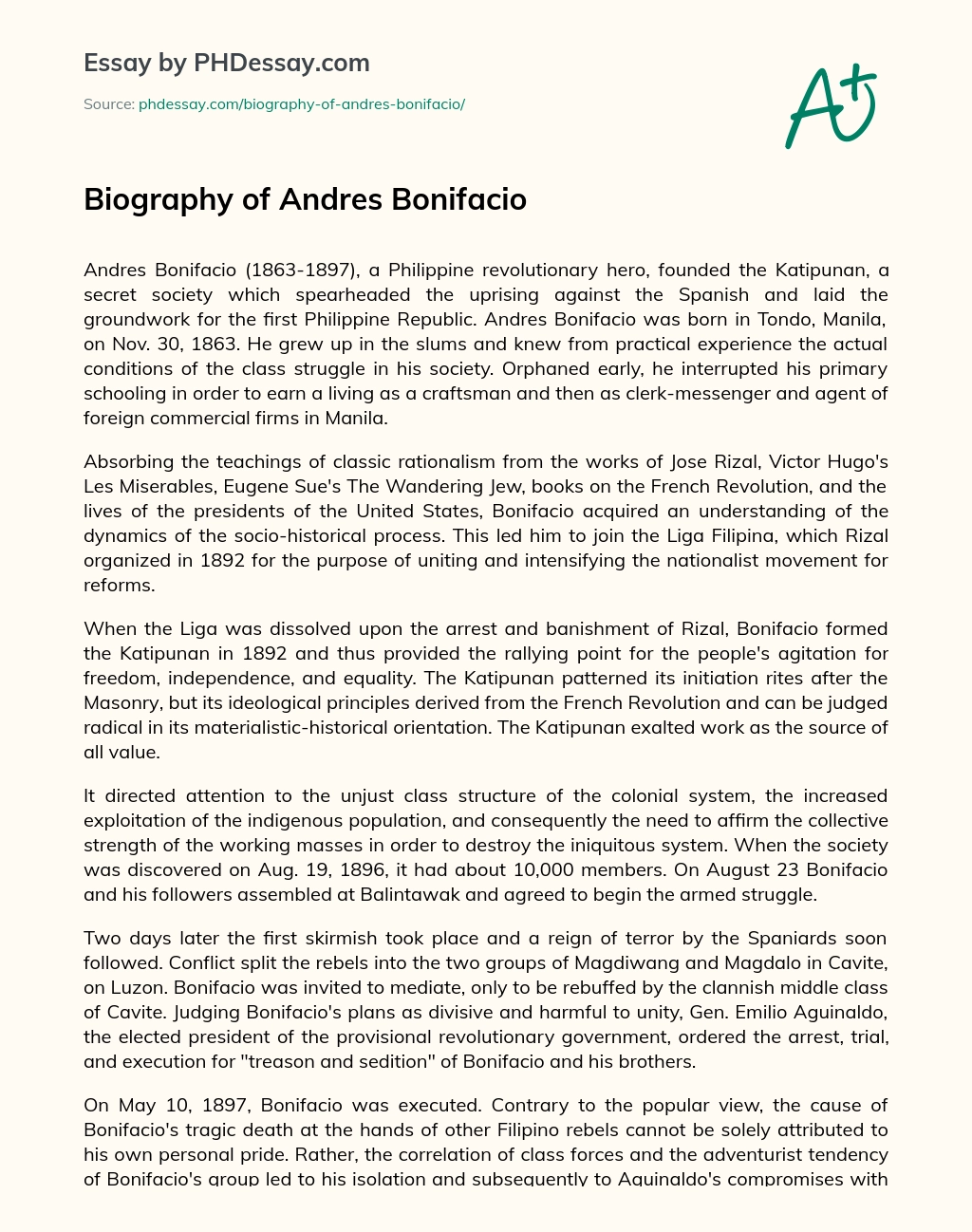 Biography of Andres Bonifacio essay