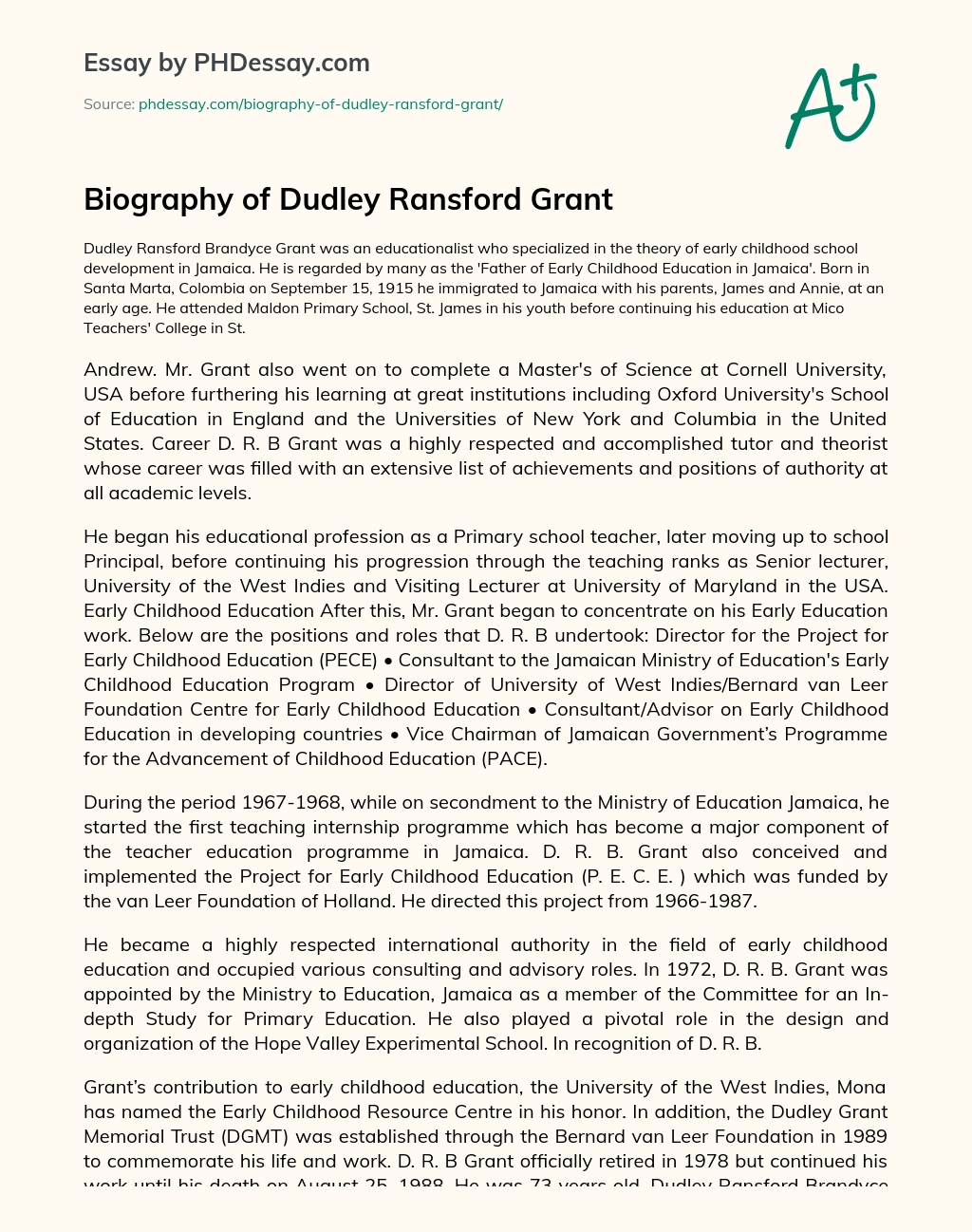 Biography of Dudley Ransford Grant essay