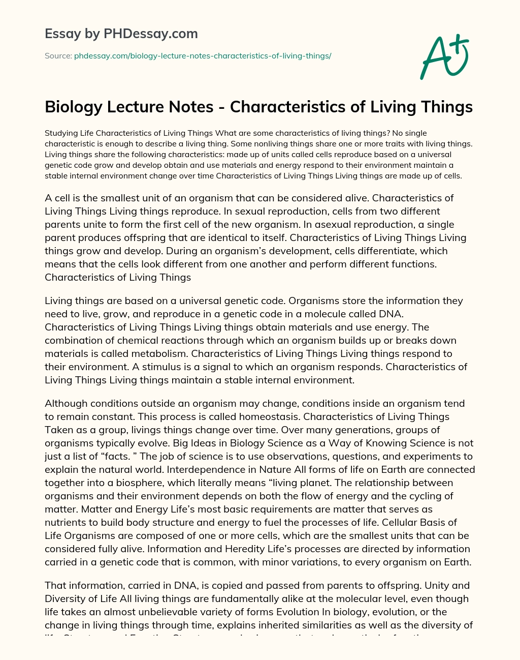 Biology Lecture Notes – Characteristics of Living Things essay