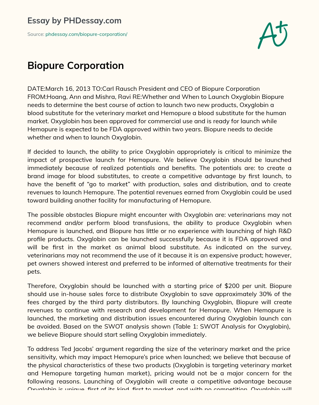 Biopure Corporation: Whether and When to Launch Oxyglobin essay
