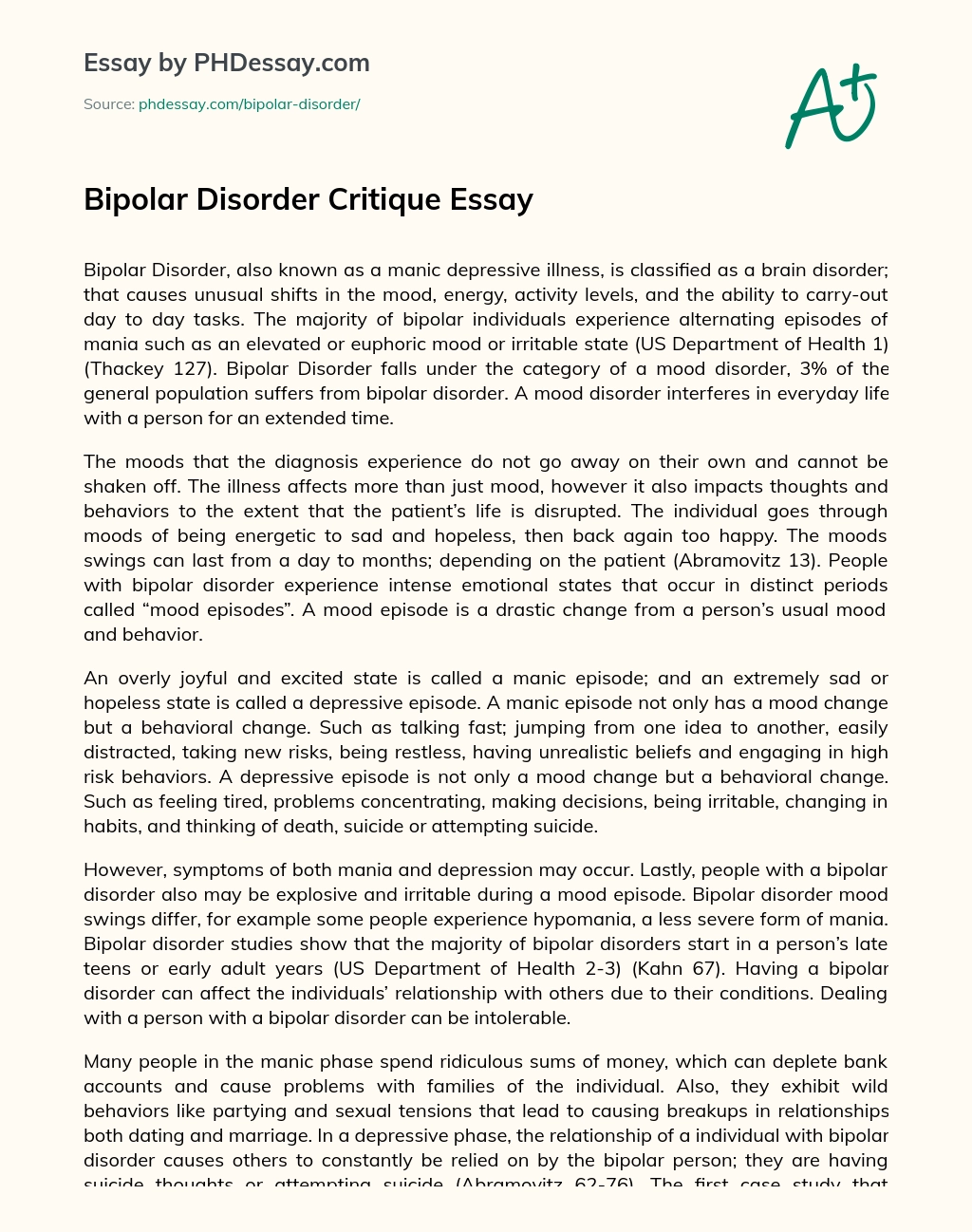 Bipolar Disorder Critique Essay essay
