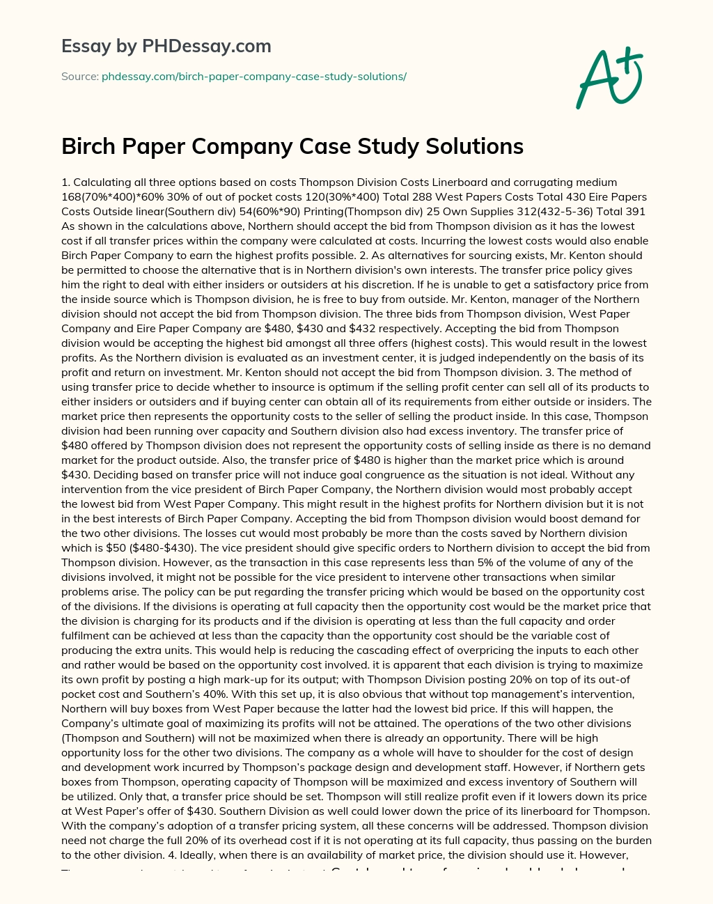 Birch Paper Company Case Study Solutions essay