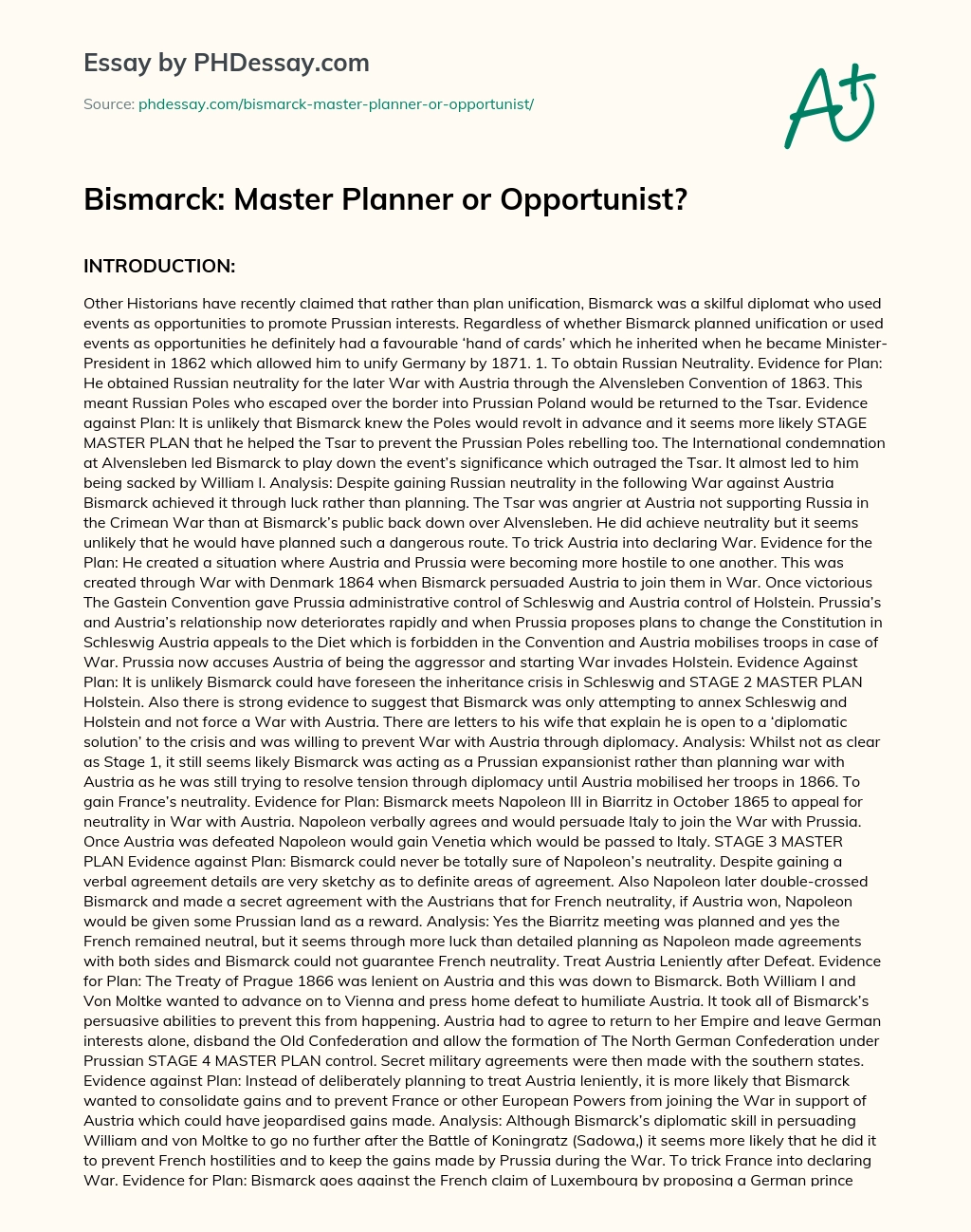 Bismarck: Master Planner or Opportunist? essay