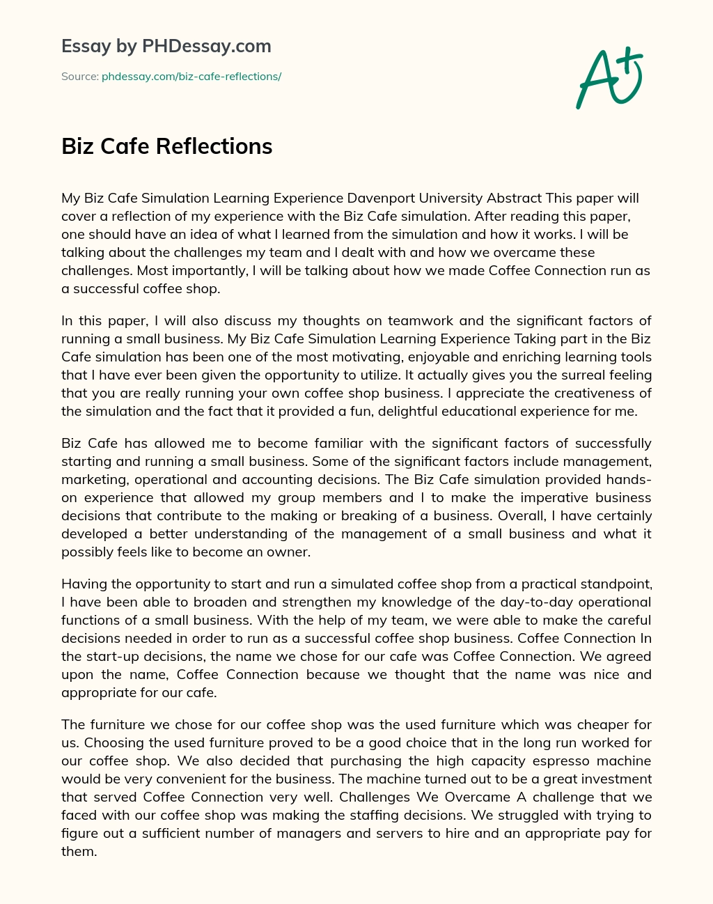 Biz Cafe Reflections essay