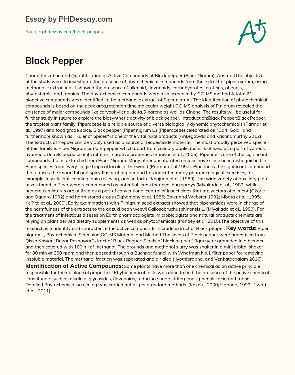 Identification and Quantification of Active Compounds in Black Pepper essay