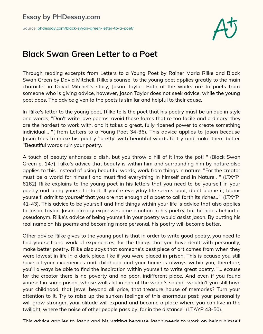 Black Swan Green Letter to a Poet essay