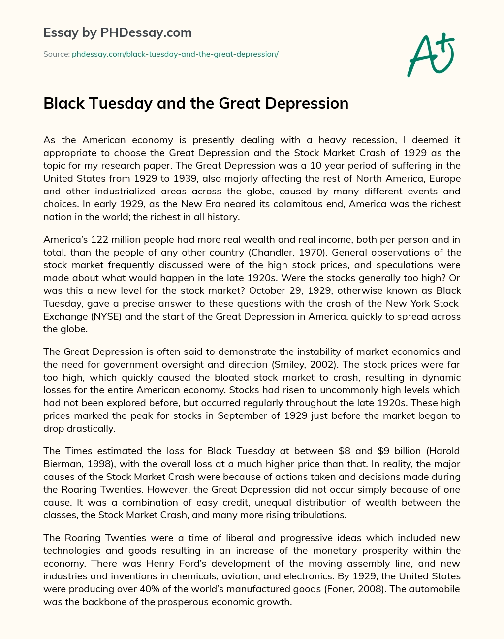 Black Tuesday and the Great Depression essay