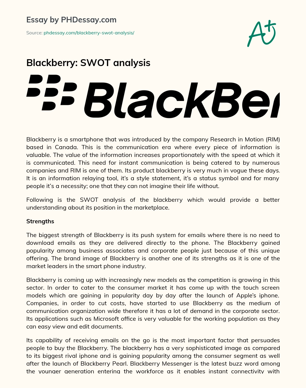 Blackberry: SWOT analysis essay