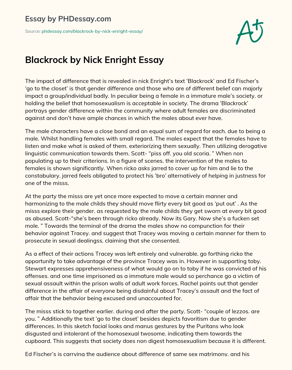 Blackrock by Nick Enright Essay essay