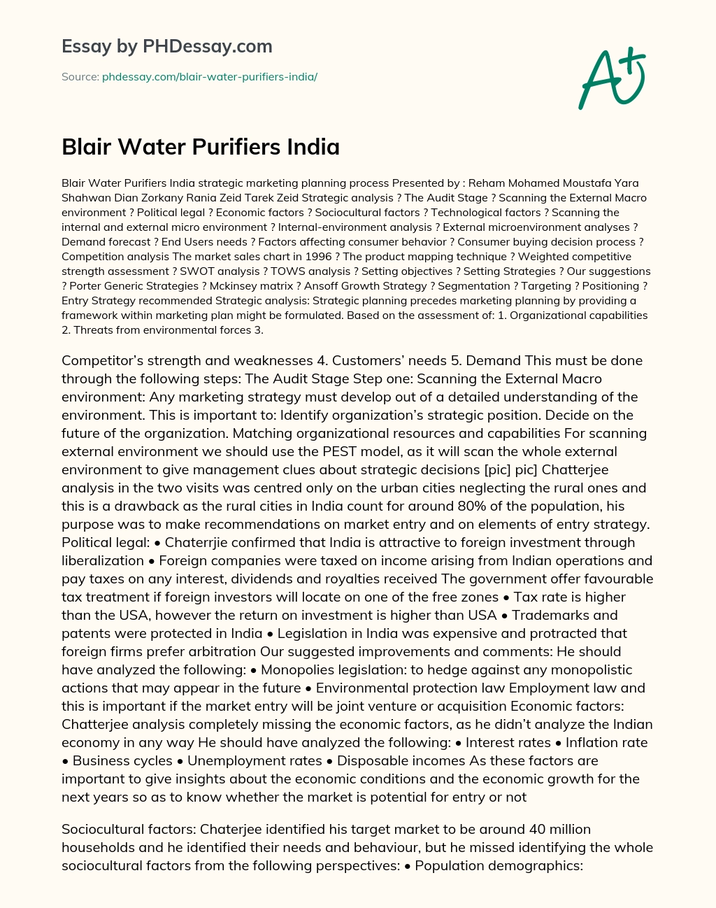 Blair Water Purifiers India essay