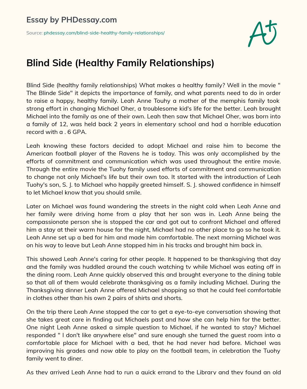 Blind Side (Healthy Family Relationships) essay