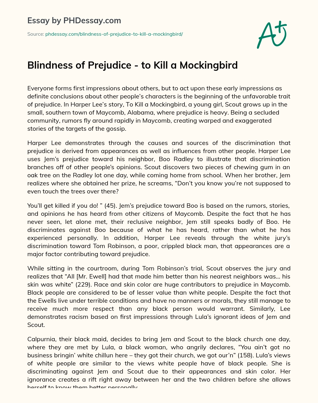 Blindness of Prejudice – to Kill a Mockingbird essay