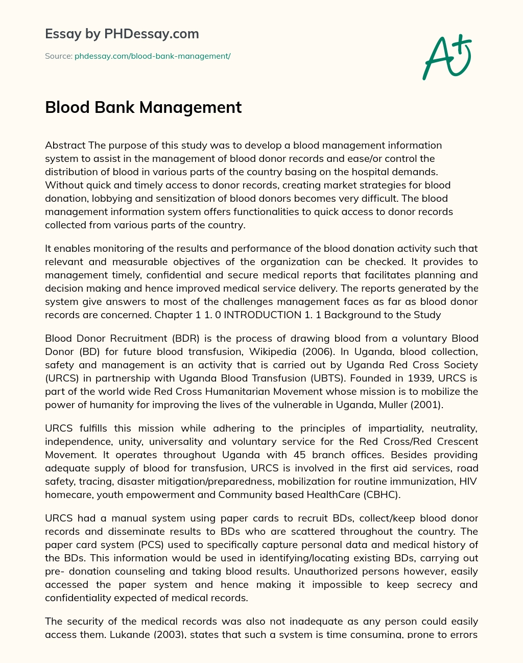 Blood Bank Management essay