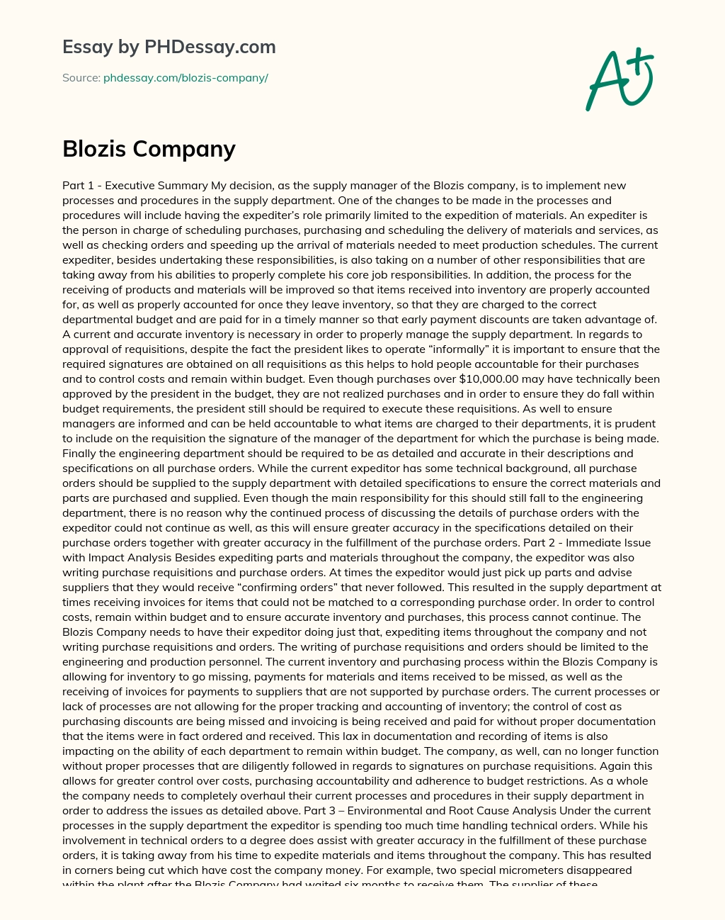 Blozis Company essay