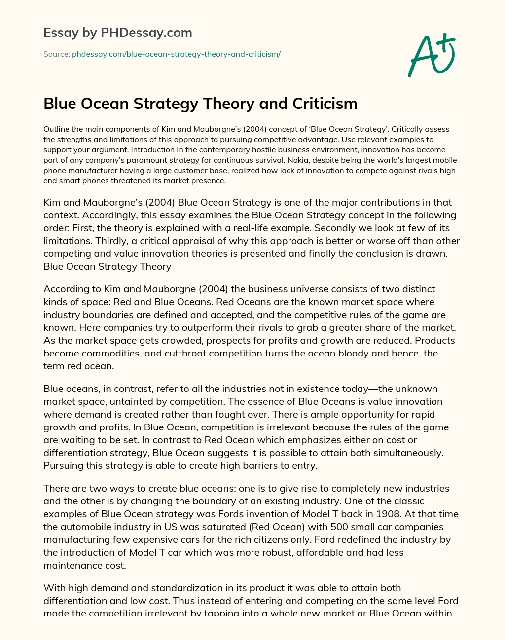 Blue Ocean Strategy Theory and Criticism essay