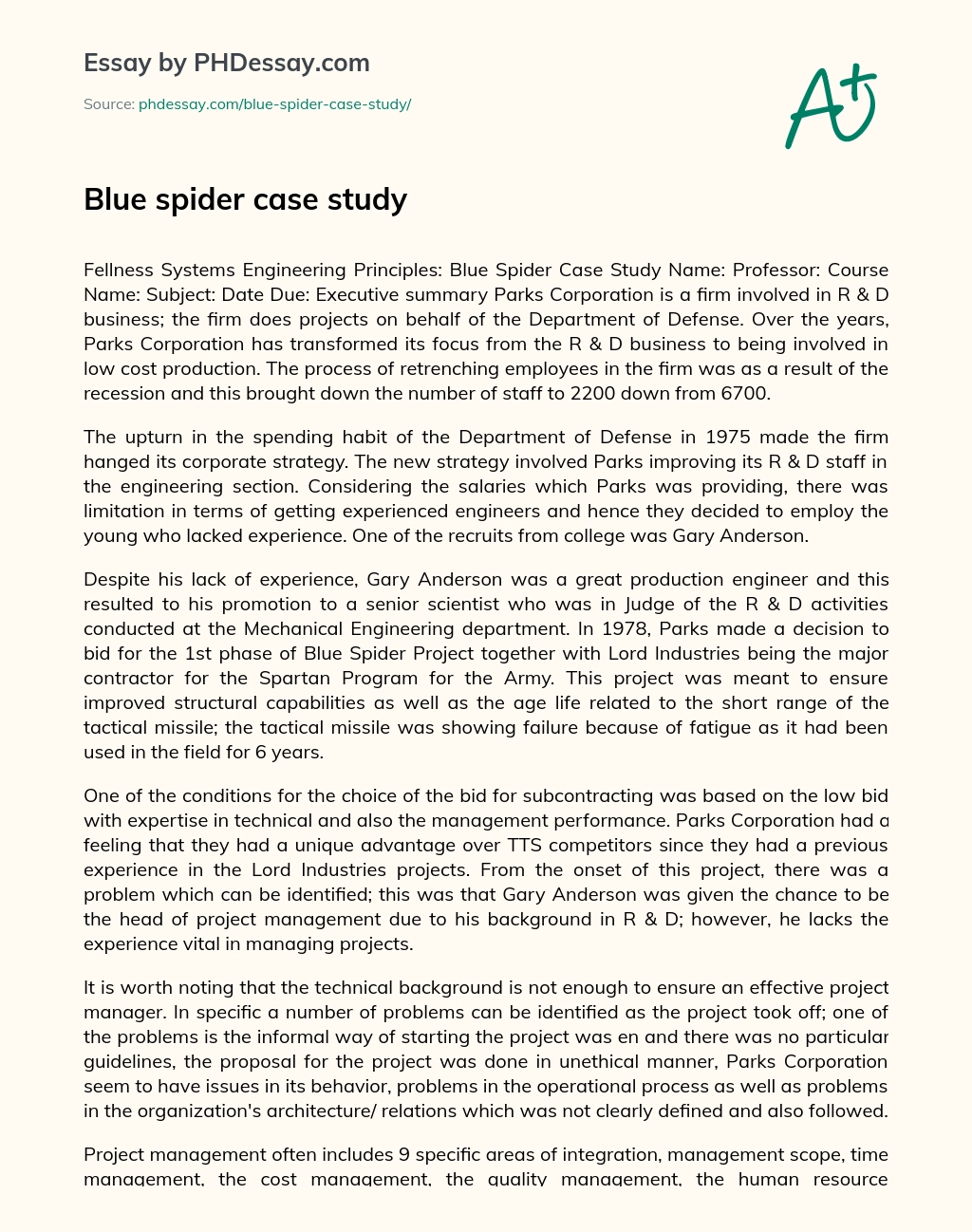 Blue spider case study essay