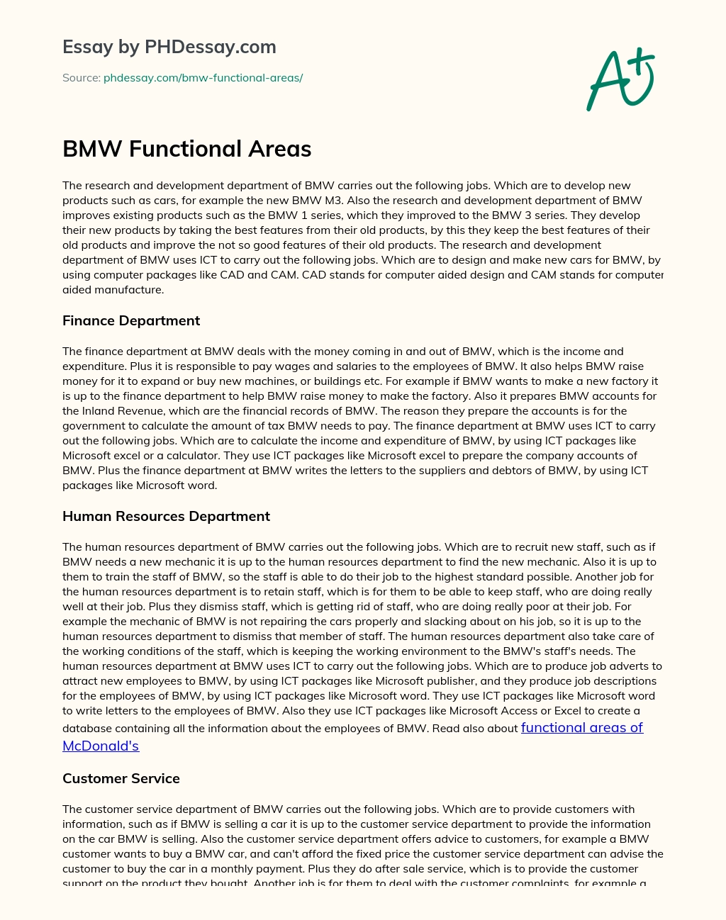 BMW Functional Areas essay