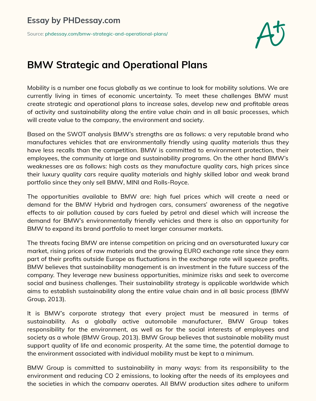 BMW Strategic and Operational Plans essay