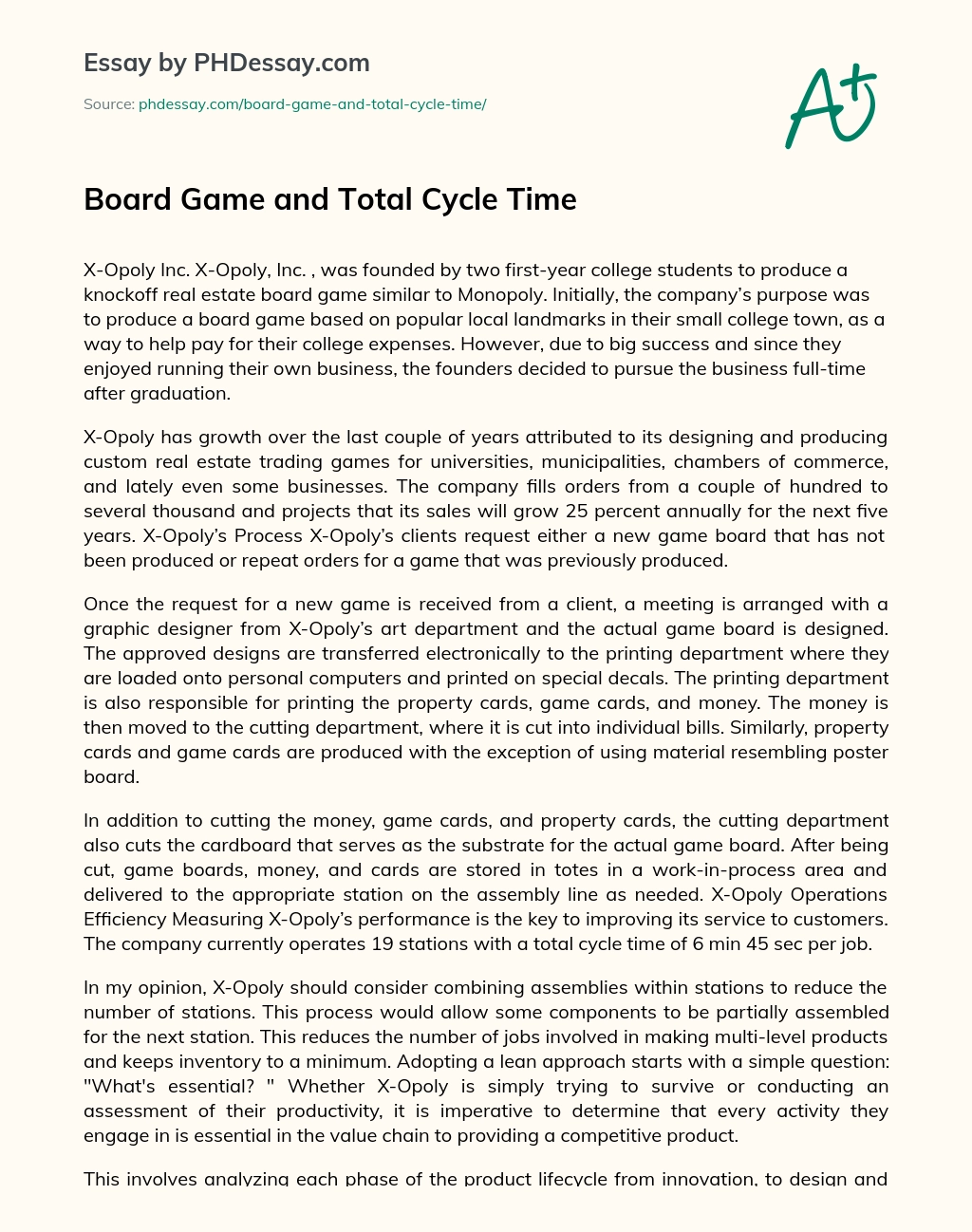 Board Game and Total Cycle Time essay