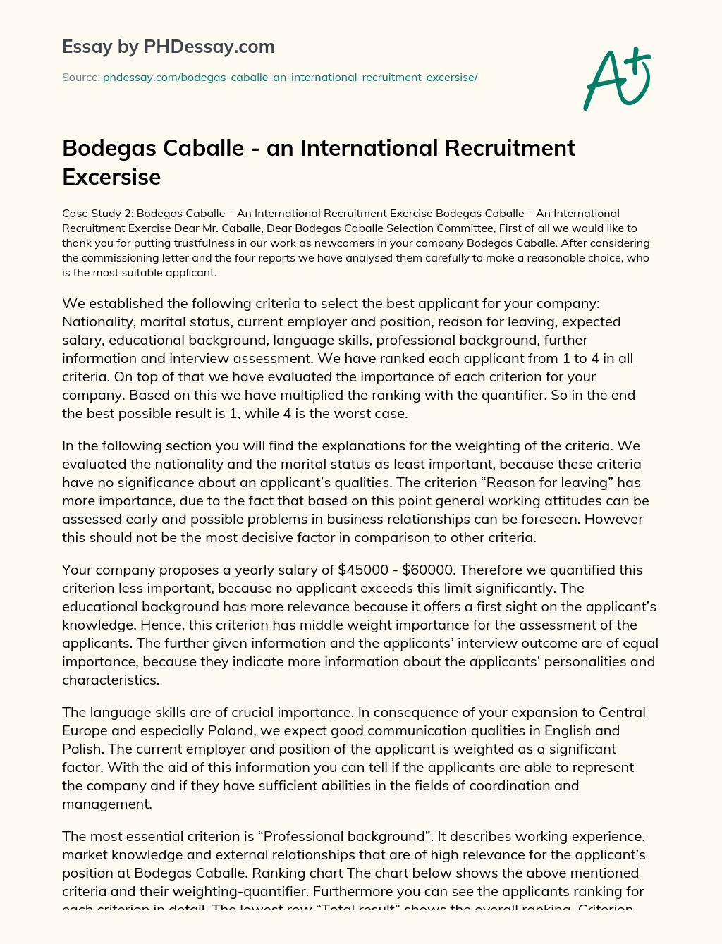 Bodegas Caballe – an international recruitment excersise essay