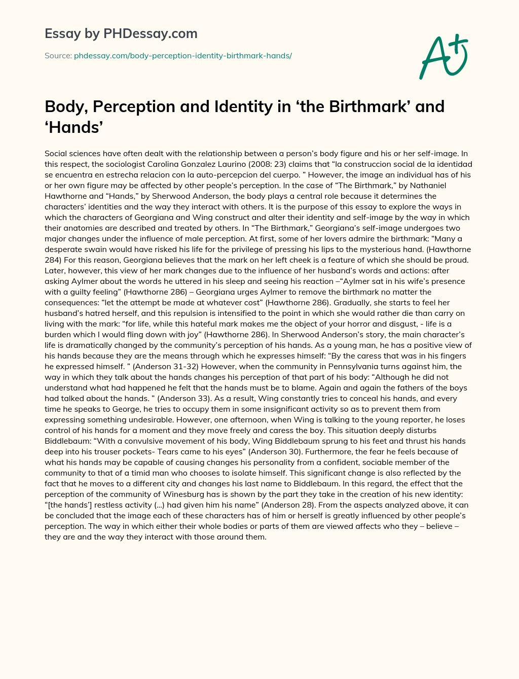 Body, Perception and Identity in ‘the Birthmark’ and ‘Hands’ essay