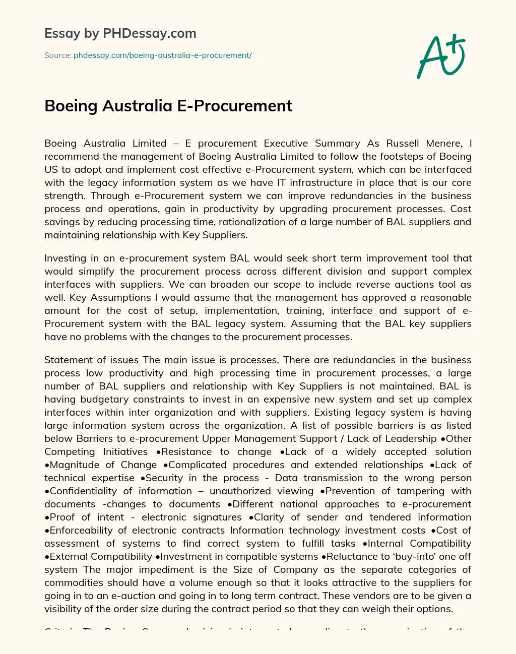 Boeing Australia E-Procurement essay