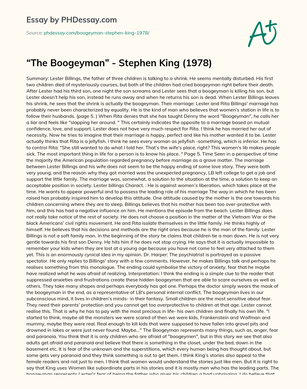 The Boogeyman – Stephen King (1978) essay