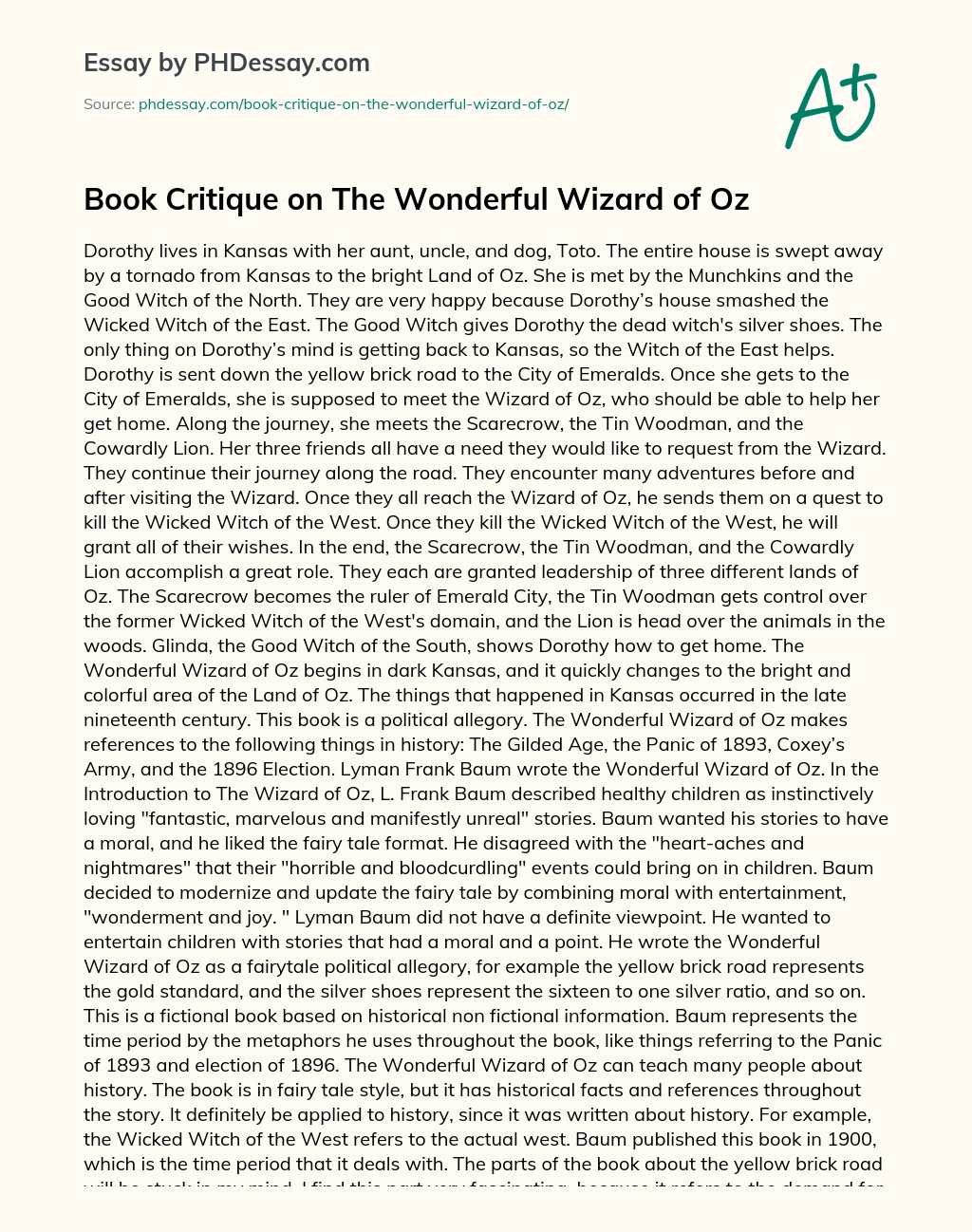 Book Critique on The Wonderful Wizard of Oz essay