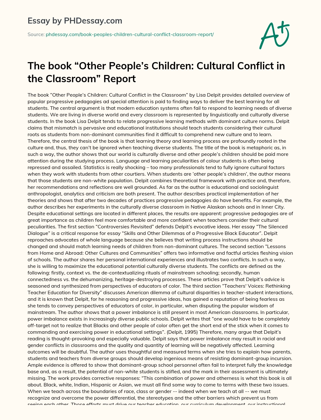 The book “Other People’s Children: Cultural Conflict in the Classroom” Report essay