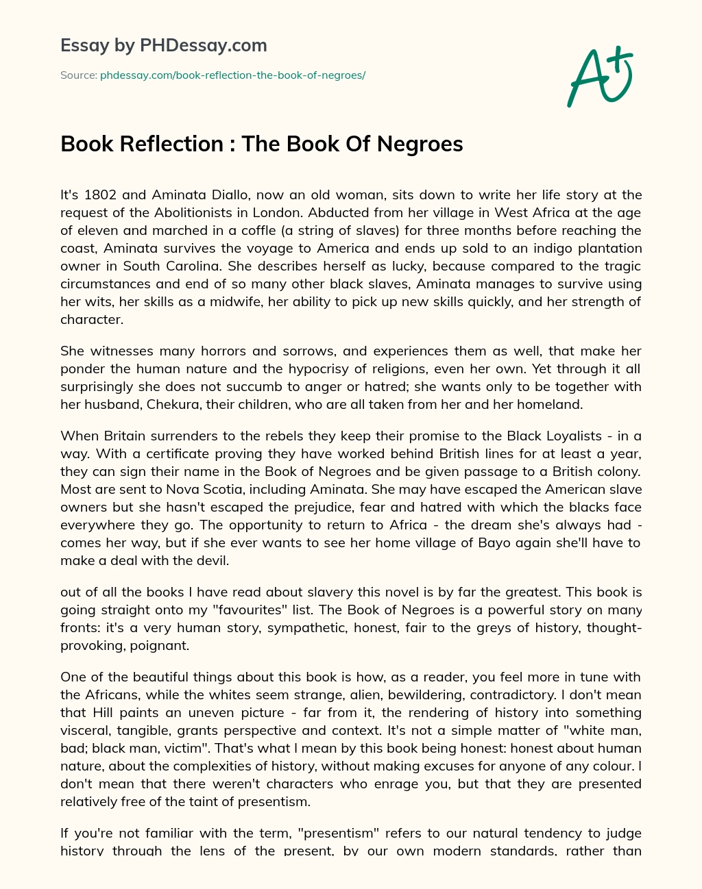 Book Reflection : The Book Of Negroes essay