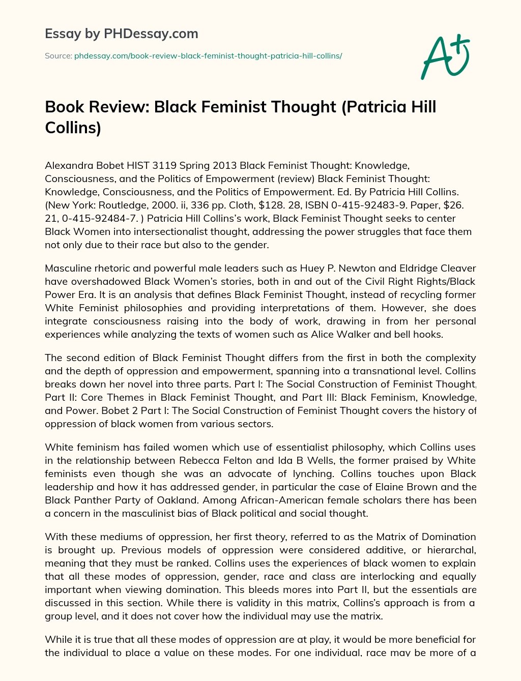 Book Review: Black Feminist Thought (Patricia Hill Collins) essay