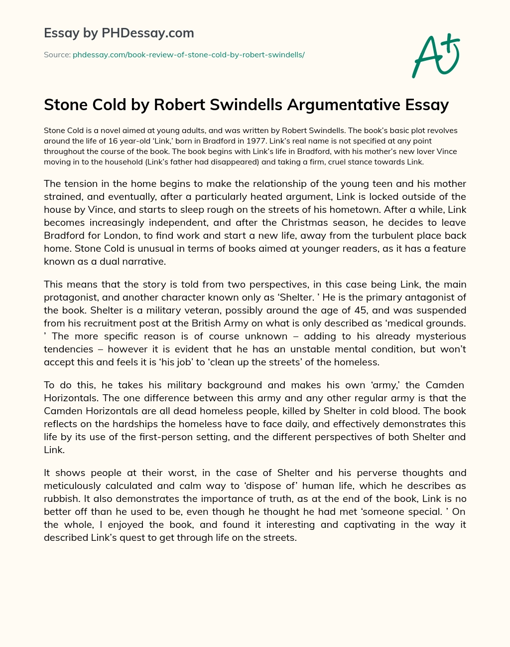 Stone Cold by Robert Swindells Argumentative Essay essay