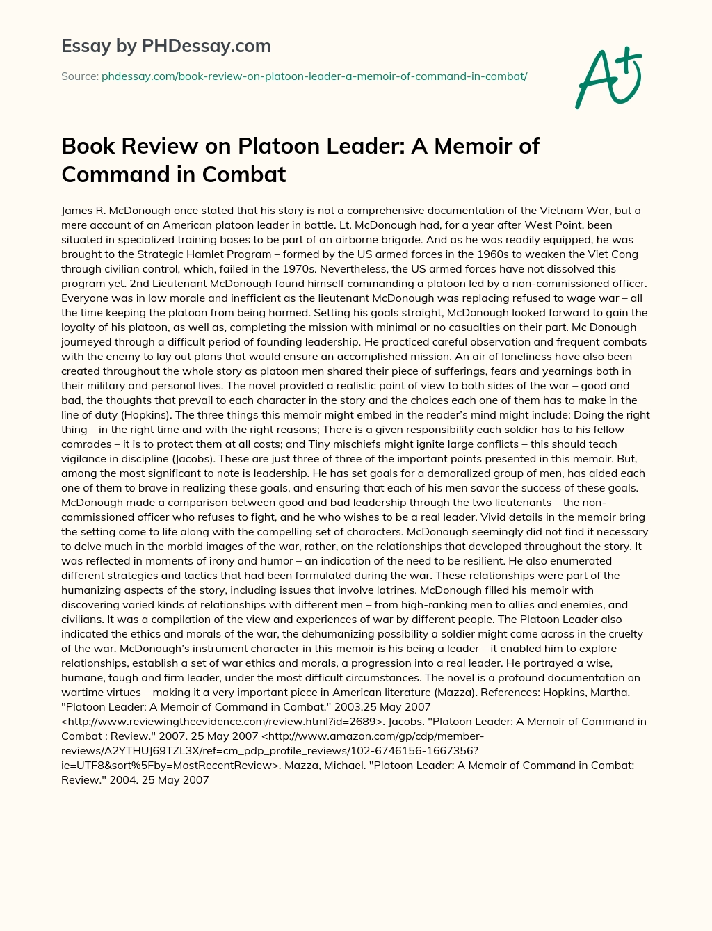 Book Review on  Platoon Leader: A Memoir of Command in Combat essay