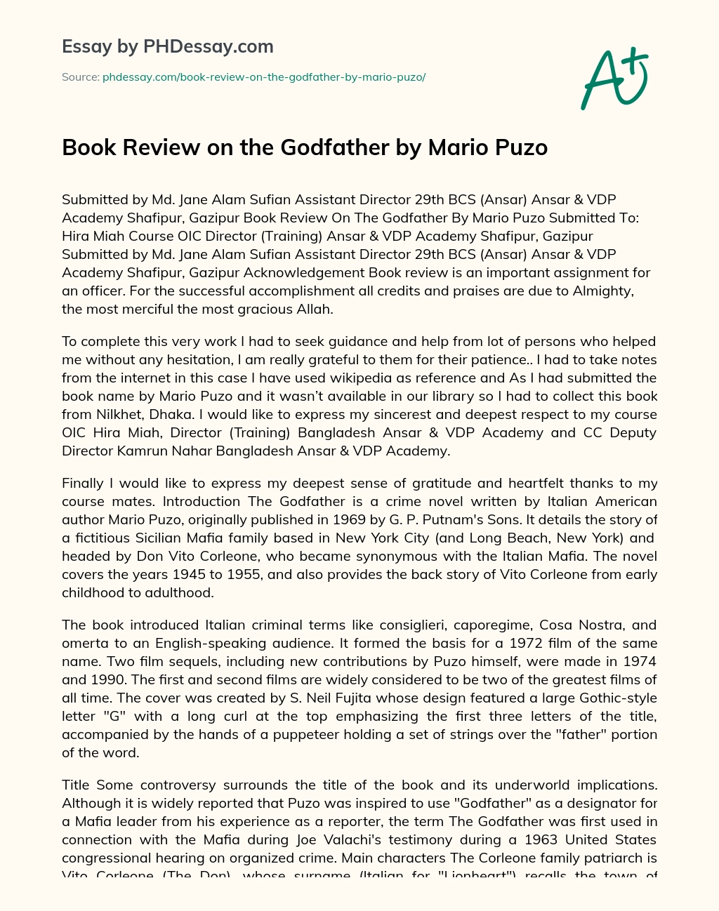 Book Review on the Godfather by Mario Puzo essay