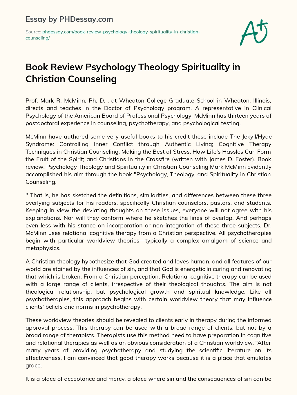 Book Review Psychology Theology Spirituality in Christian Counseling essay